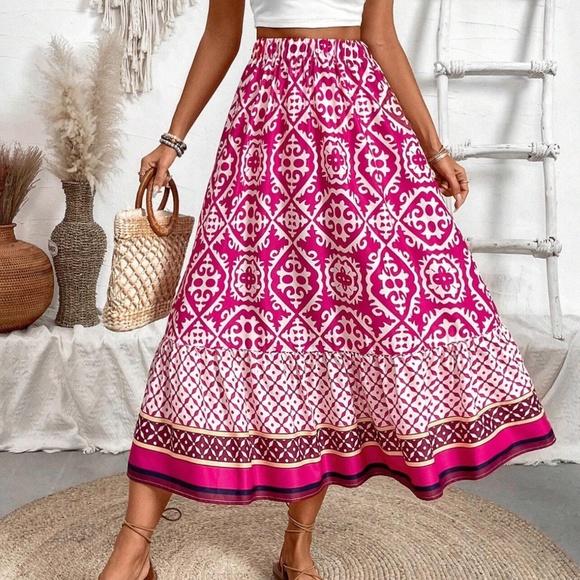 COPY - Boho Color Block Print Stretchy Waist Ruffle Hem Skirt - Picture 9 of 14